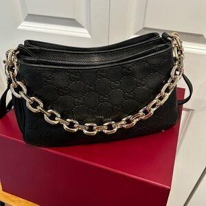 Gucci Black Embossed Leather Shoulder Bag with Gold Chain